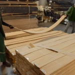Warehouse workers demonstrating the flexibility of a Sliced Olive Ash Veneer sheet.