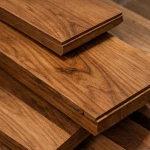 Texture and edge of 2.5 mm thick sawn Teak veneer close-up.